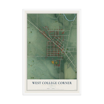 Map of West College Corner, Indiana, 12 x 18 inch print in a white wood frame