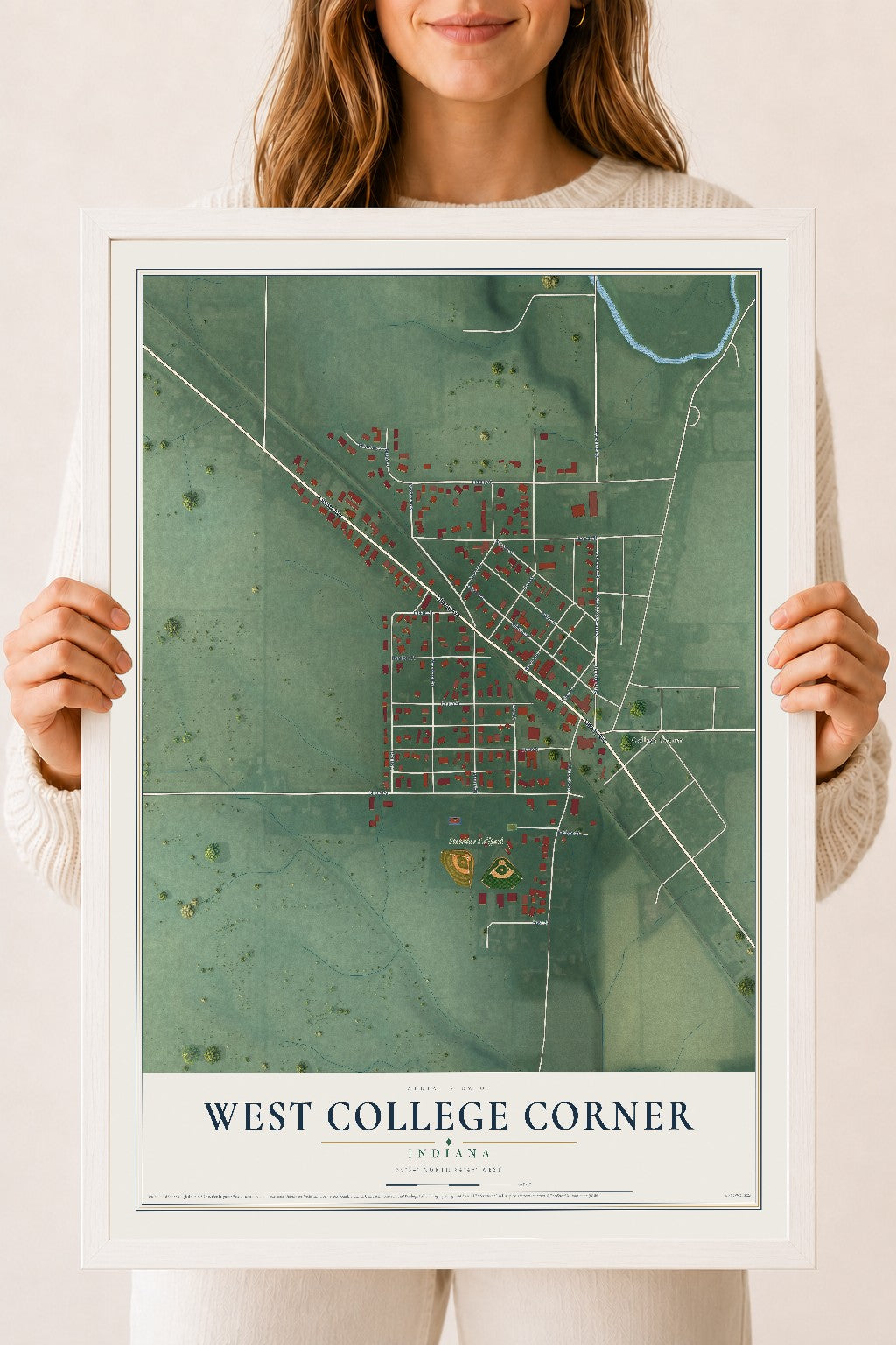 Map of West College Corner, Indiana, 18 x 24 inch print in a white wood frame