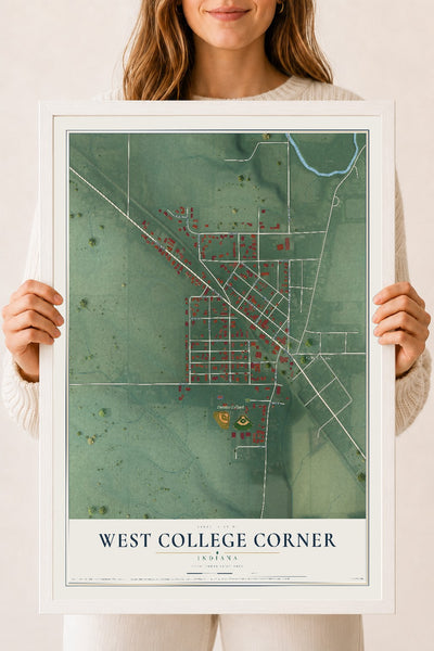 Map of West College Corner, Indiana, 18 x 24 inch print in a white wood frame