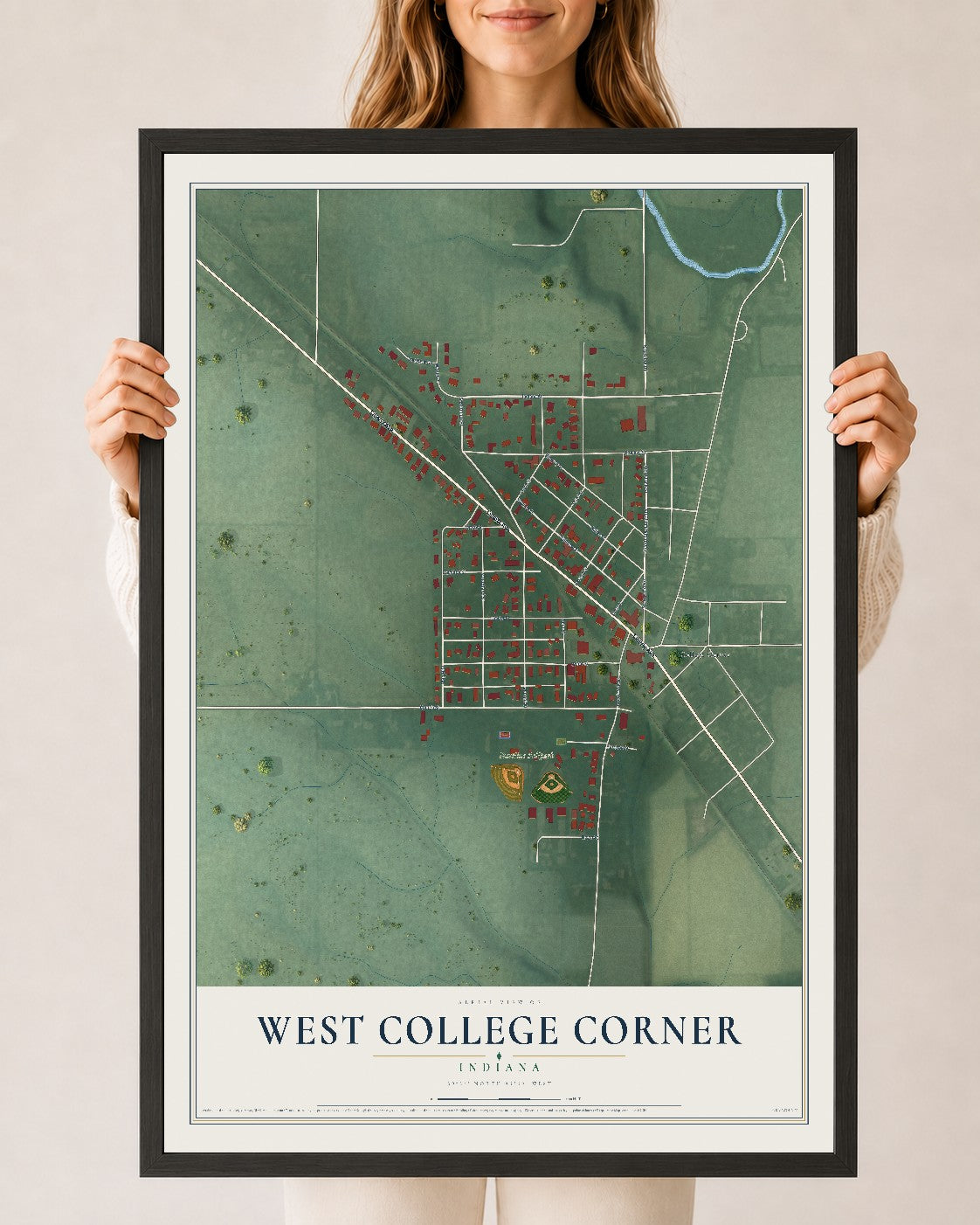 Map of West College Corner, Indiana, 24 x 36 inch print in a black wood frame