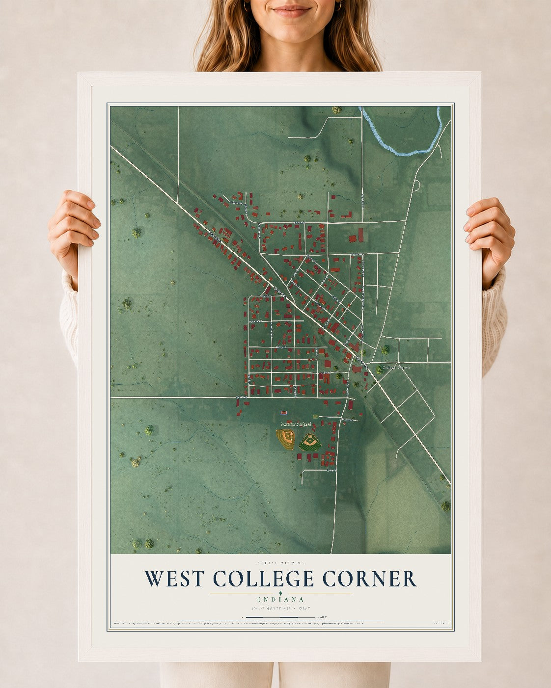 Map of West College Corner, Indiana, 24 x 36 inch print in a white wood frame