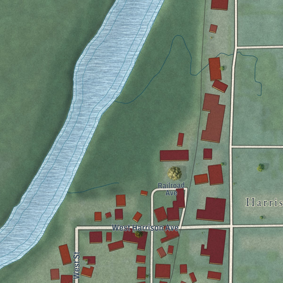 Second close-up of the map of West Harrison, Indiana print showing more streets and buildings