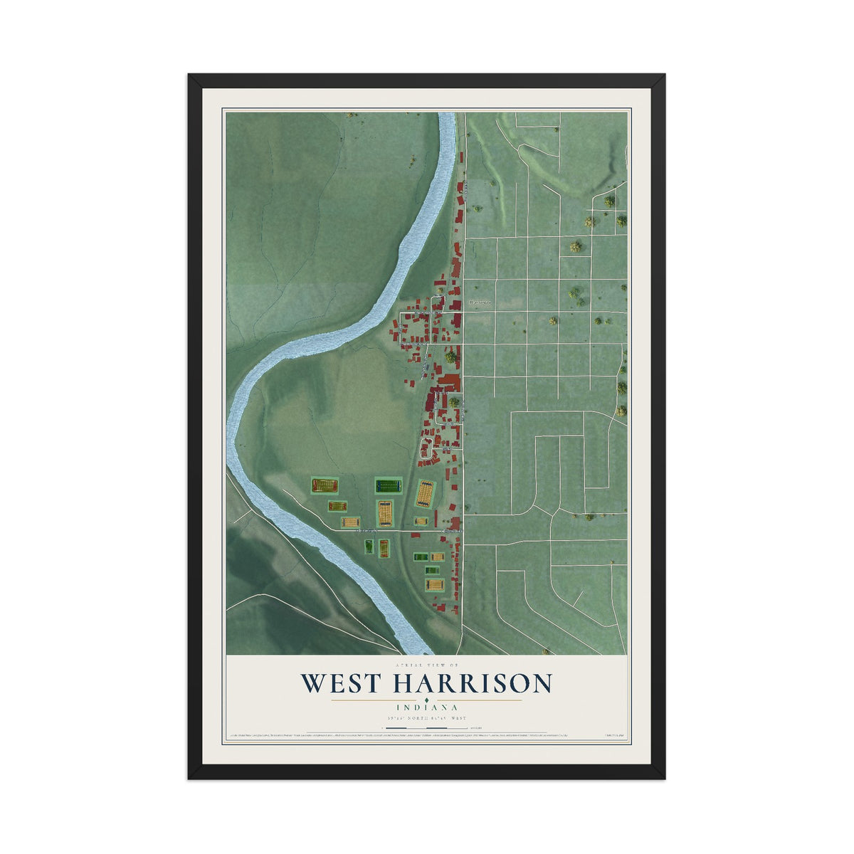 Map of West Harrison, Indiana, 12 x 18 inch print in a black wood frame