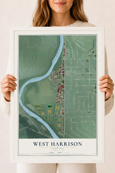 Map of West Harrison, Indiana, 18 x 24 inch print in a white wood frame