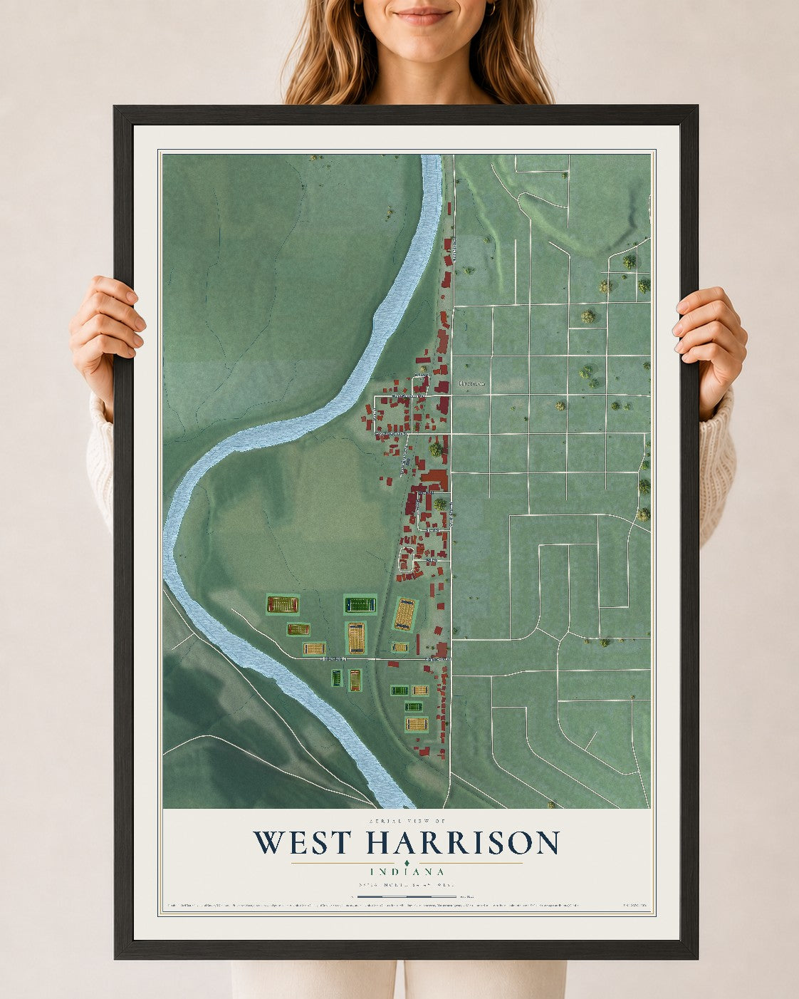 Map of West Harrison, Indiana, 24 x 36 inch print in a black wood frame
