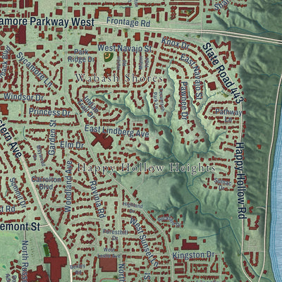 Close-up of the map of West Lafayette, Indiana print showing street and building detail