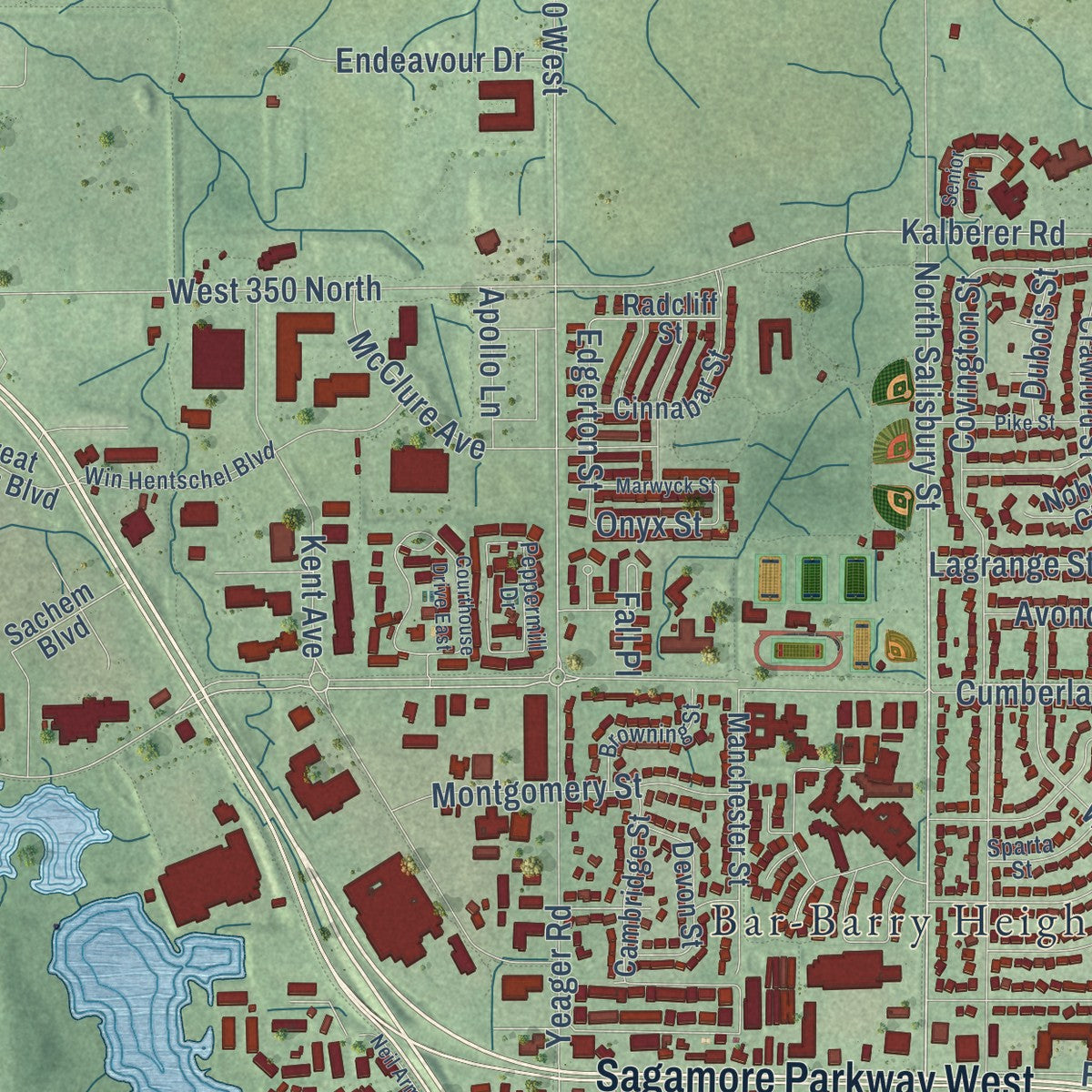 Second close-up of the map of West Lafayette, Indiana print showing more streets and buildings