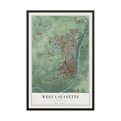 Map of West Lafayette, Indiana, 12 x 18 inch print in a black wood frame