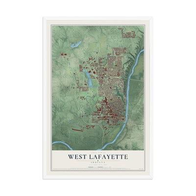 Map of West Lafayette, Indiana, 12 x 18 inch print in a white wood frame