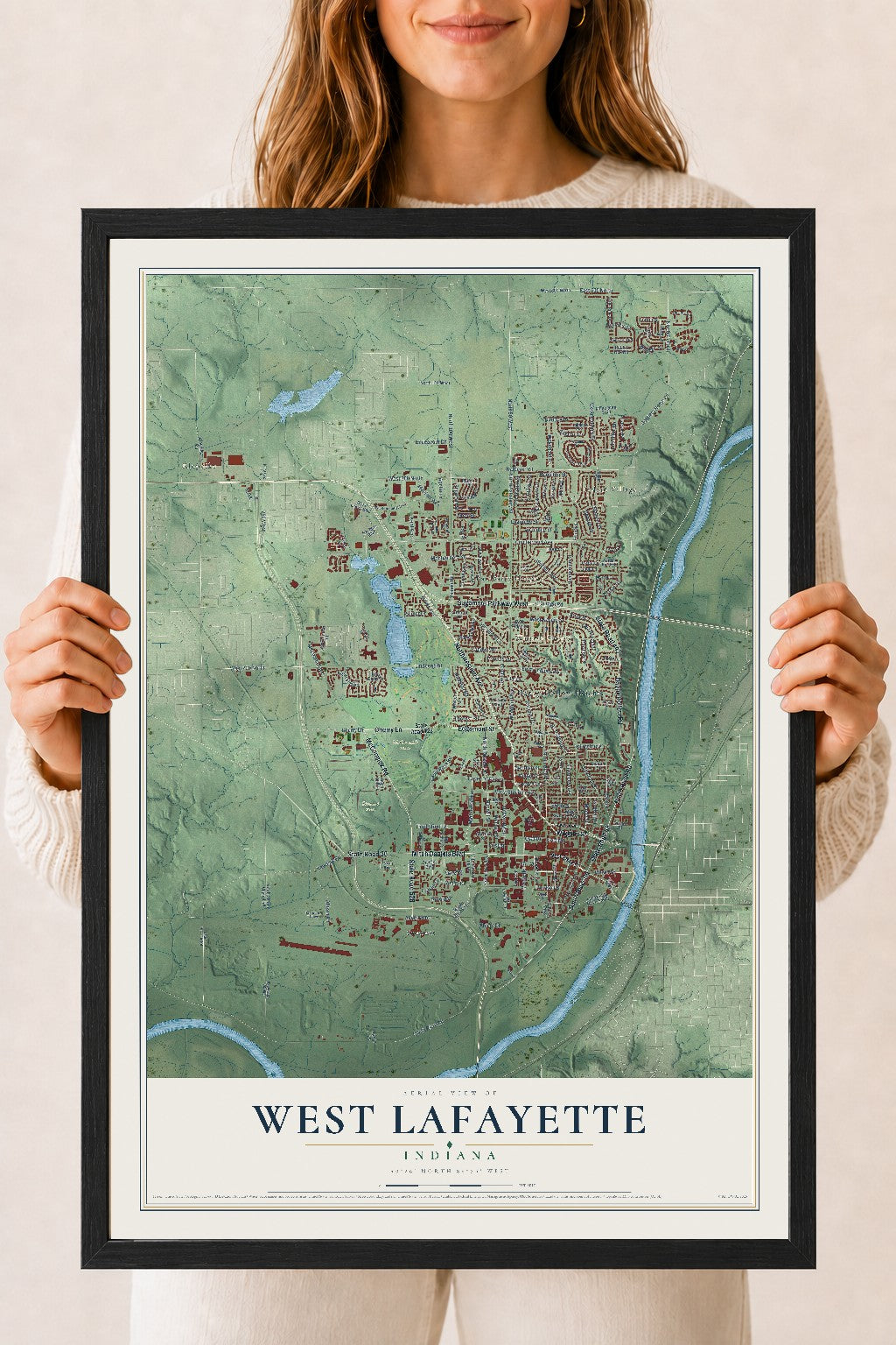 Map of West Lafayette, Indiana, 18 x 24 inch print in a black wood frame