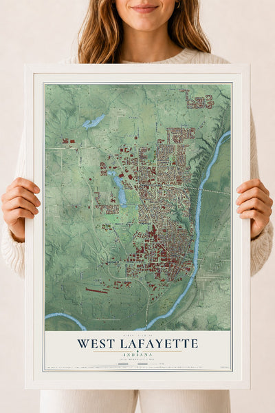 Map of West Lafayette, Indiana, 18 x 24 inch print in a white wood frame