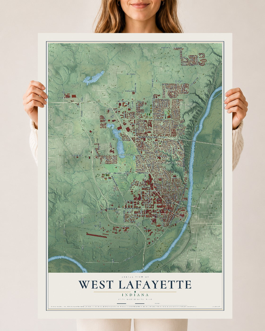 Map of West Lafayette, Indiana, 24 x 36 inch unframed archival matte print