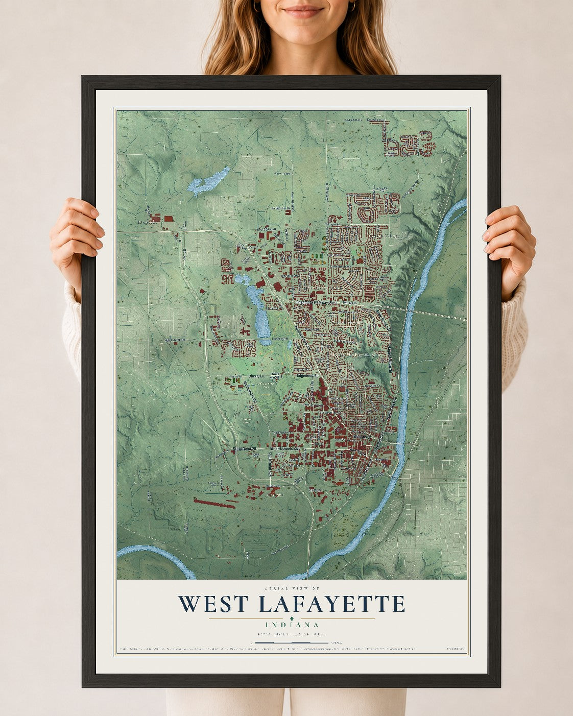 Map of West Lafayette, Indiana, 24 x 36 inch print in a black wood frame