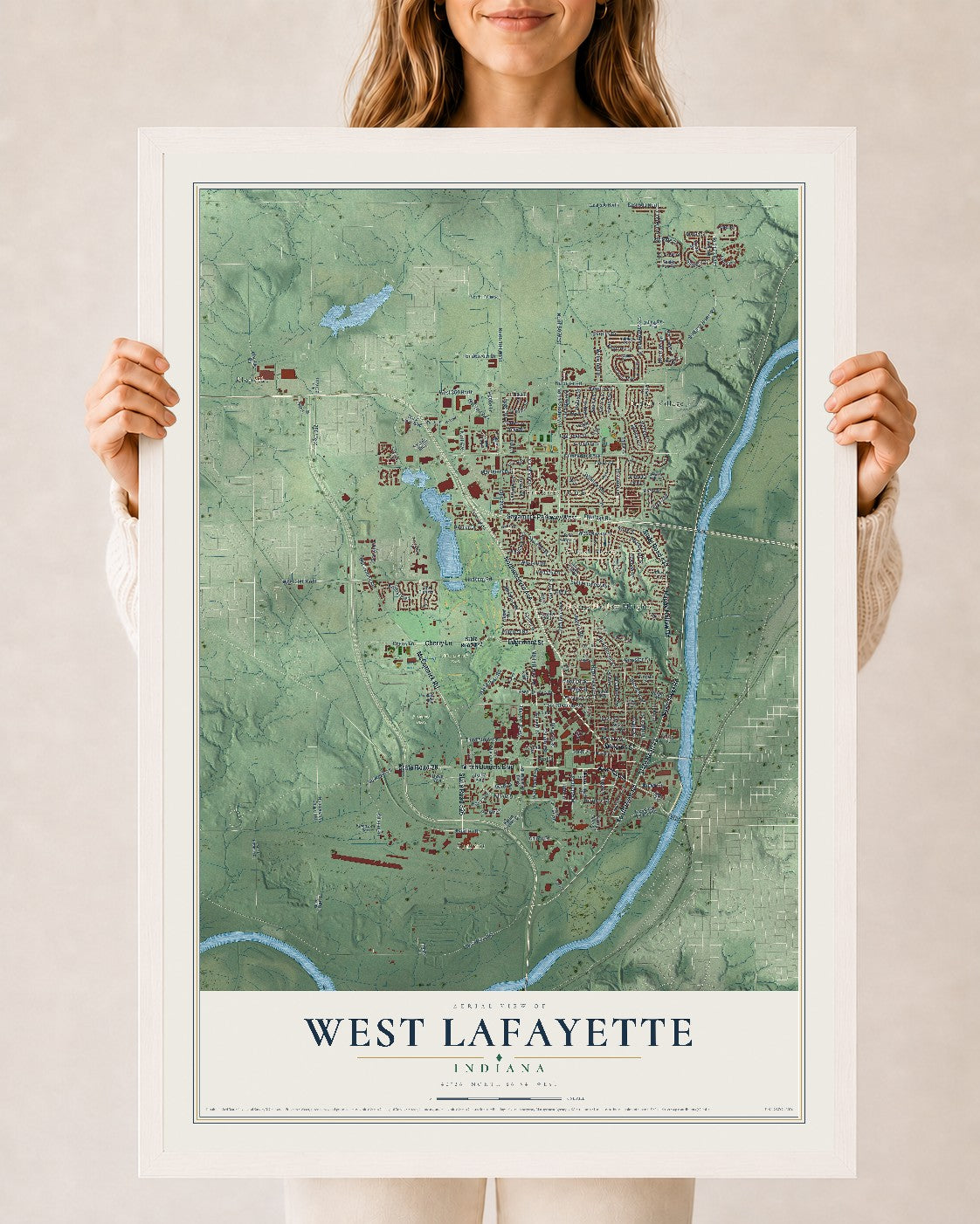 Map of West Lafayette, Indiana, 24 x 36 inch print in a white wood frame