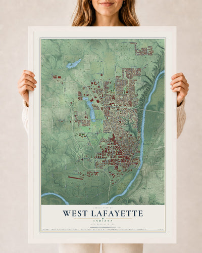 Map of West Lafayette, Indiana, 24 x 36 inch print in a white wood frame