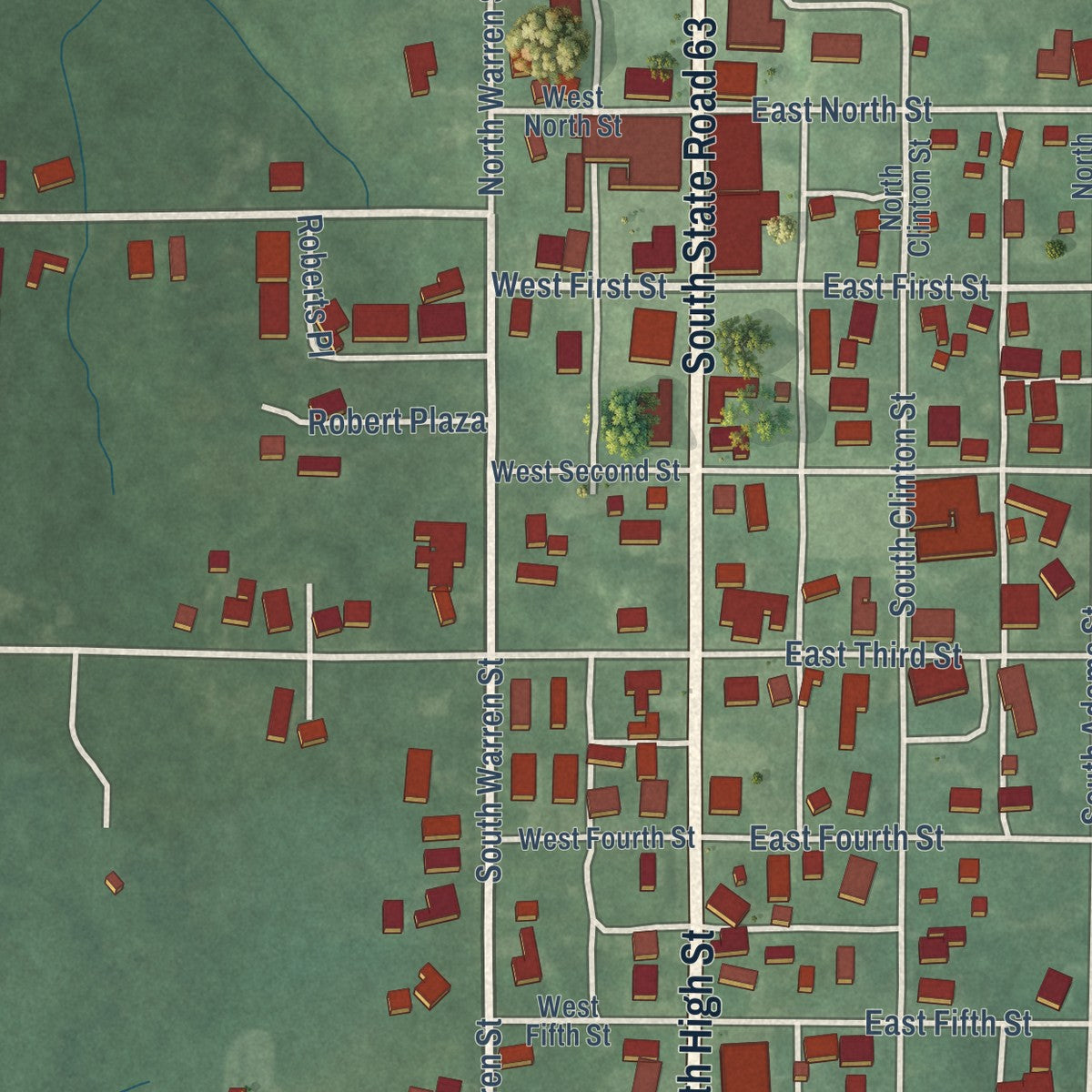 Close-up of the map of West Lebanon, Indiana print showing street and building detail