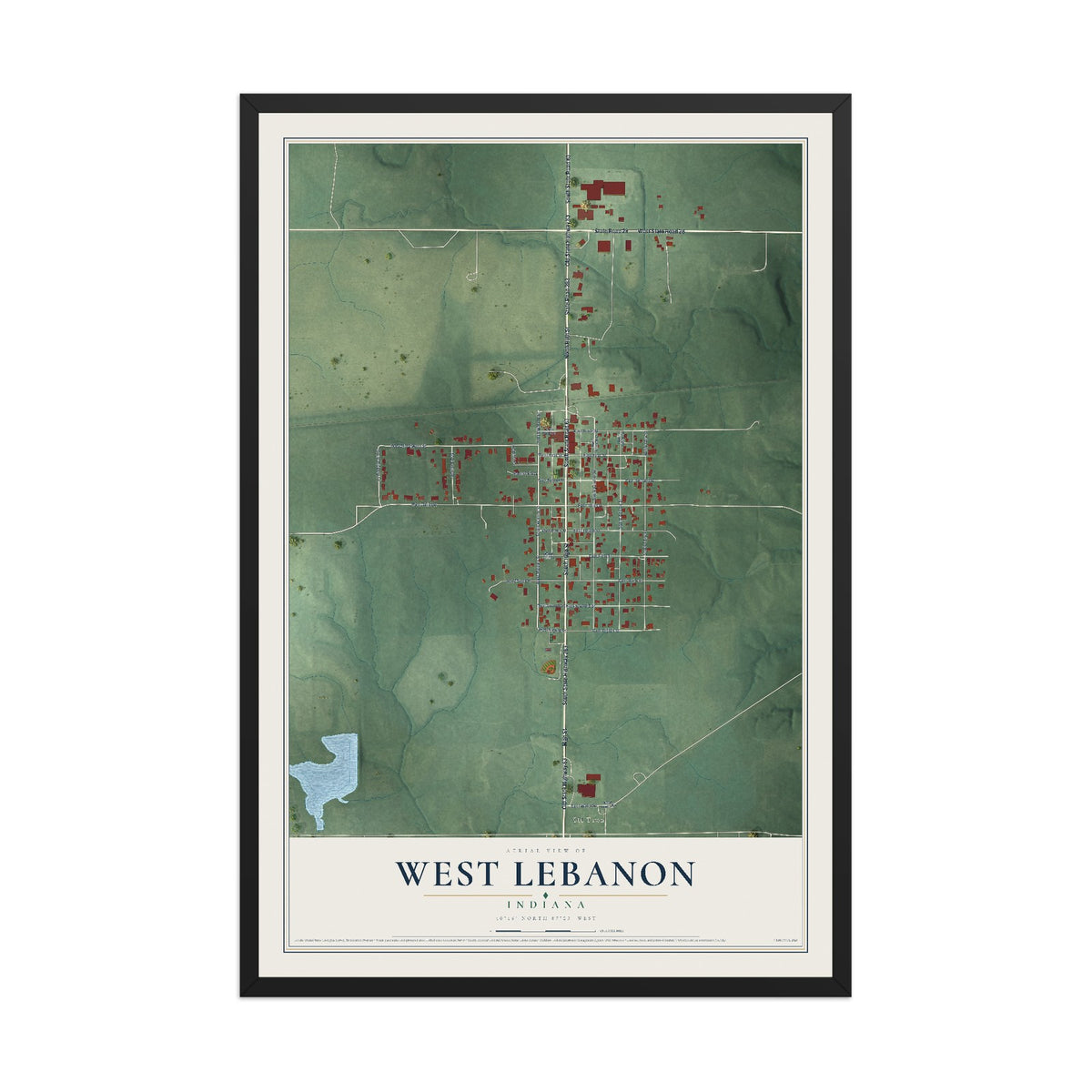 Map of West Lebanon, Indiana, 12 x 18 inch print in a black wood frame
