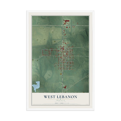 Map of West Lebanon, Indiana, 12 x 18 inch print in a white wood frame