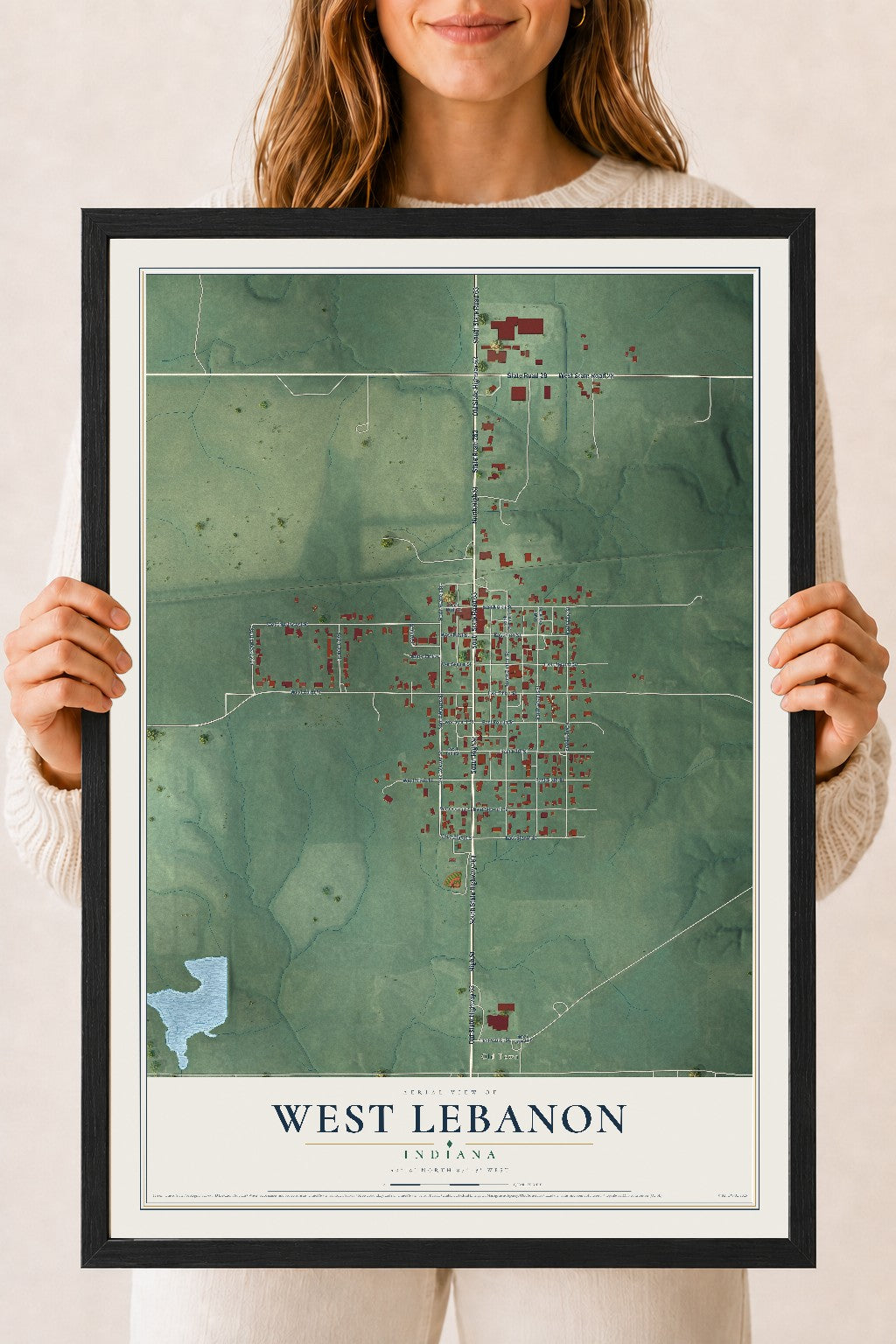 Map of West Lebanon, Indiana, 18 x 24 inch print in a black wood frame