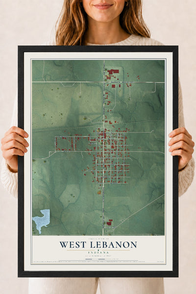 Map of West Lebanon, Indiana, 18 x 24 inch print in a black wood frame