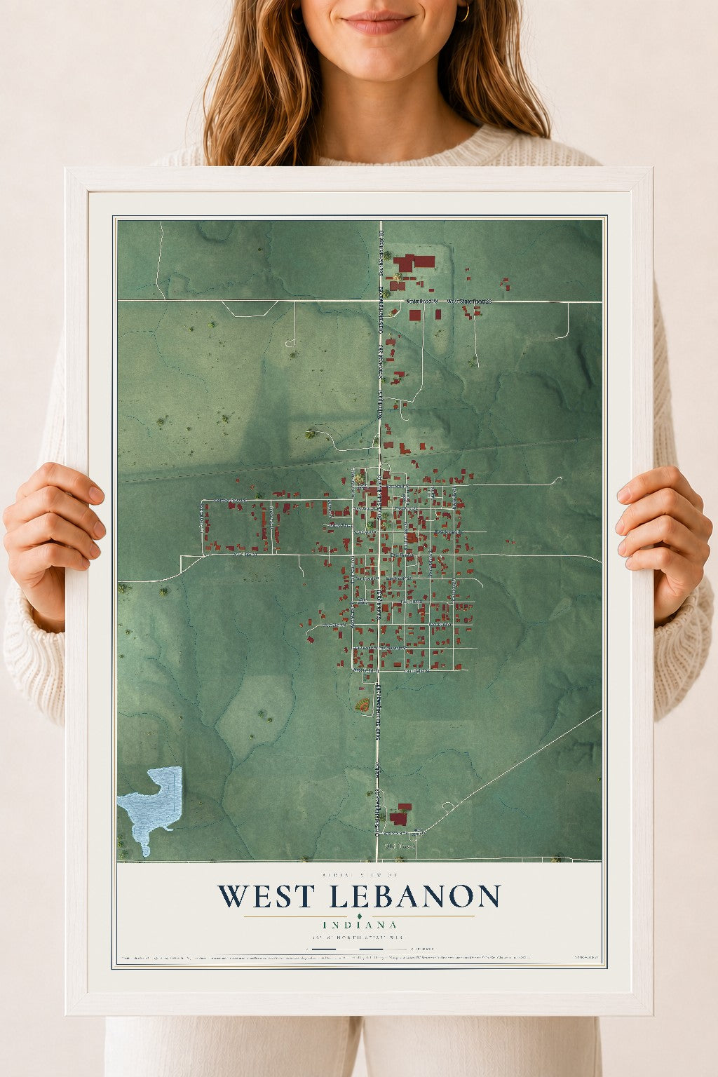 Map of West Lebanon, Indiana, 18 x 24 inch print in a white wood frame