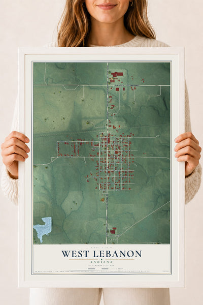 Map of West Lebanon, Indiana, 18 x 24 inch print in a white wood frame