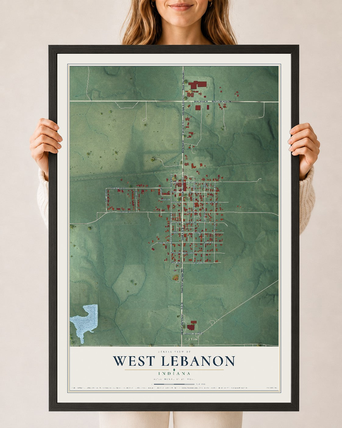 Map of West Lebanon, Indiana, 24 x 36 inch print in a black wood frame