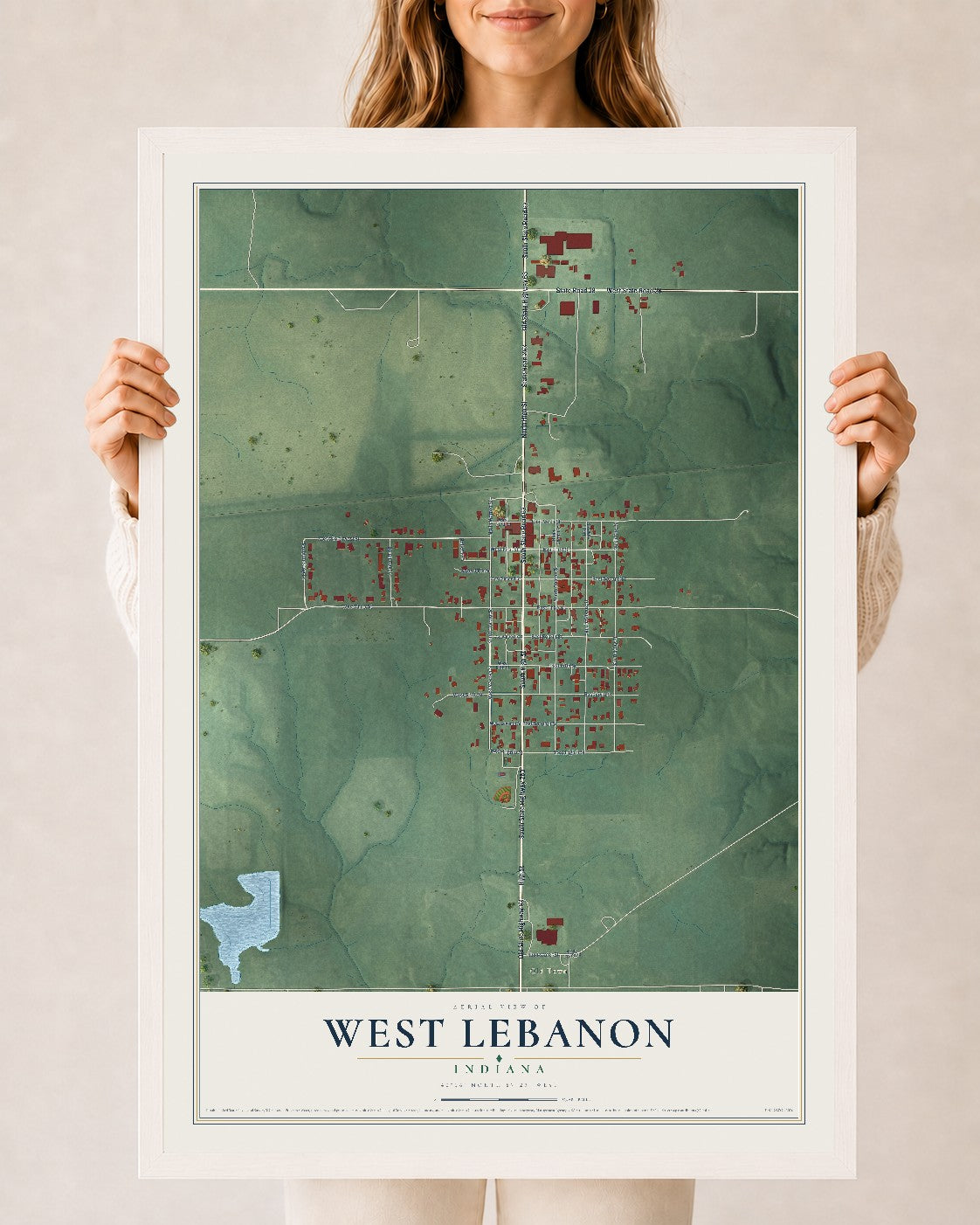 Map of West Lebanon, Indiana, 24 x 36 inch print in a white wood frame