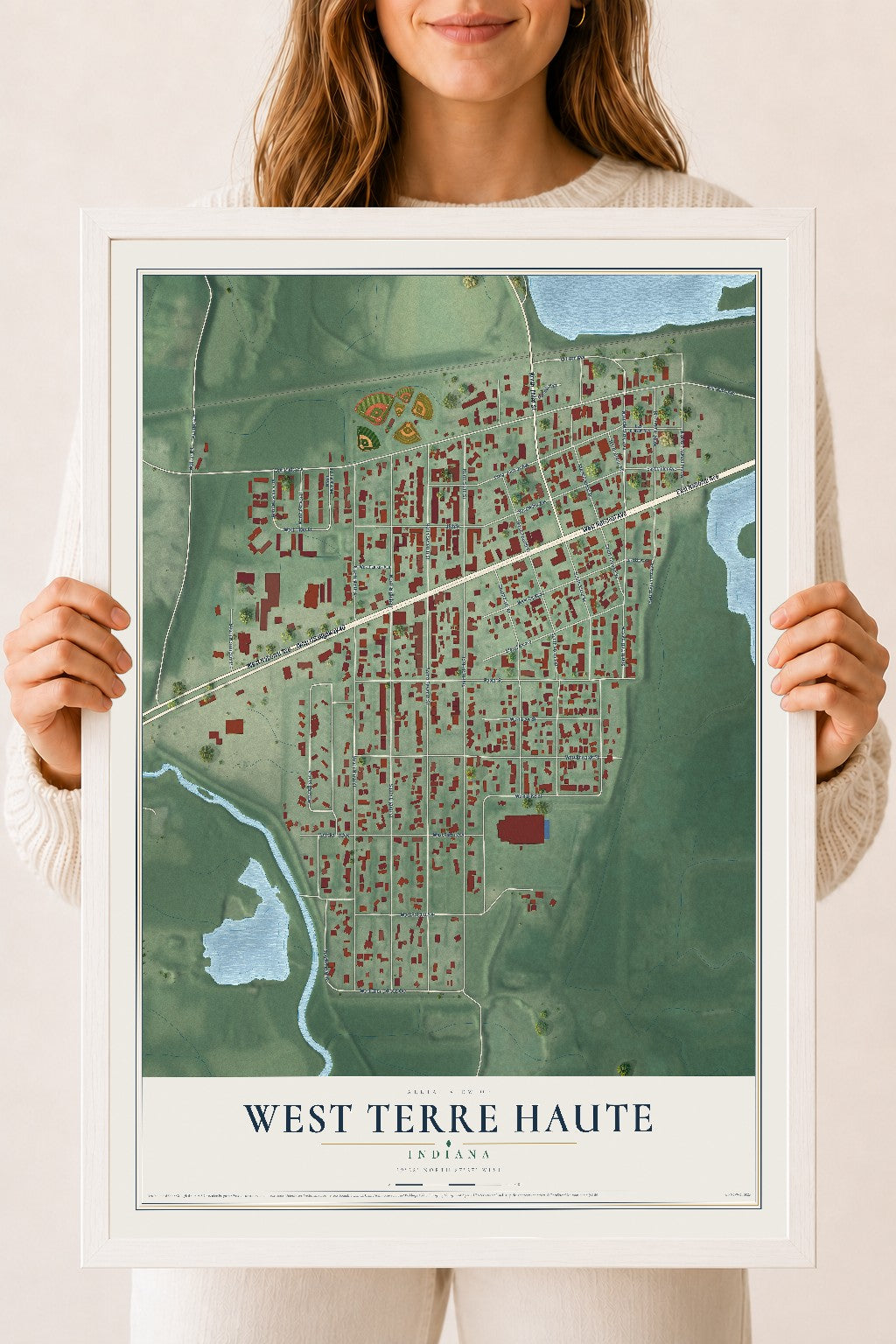 Map of West Terre Haute, Indiana, 18 x 24 inch print in a white wood frame