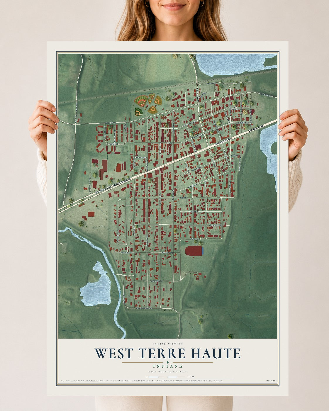 Map of West Terre Haute, Indiana, 24 x 36 inch unframed archival matte print