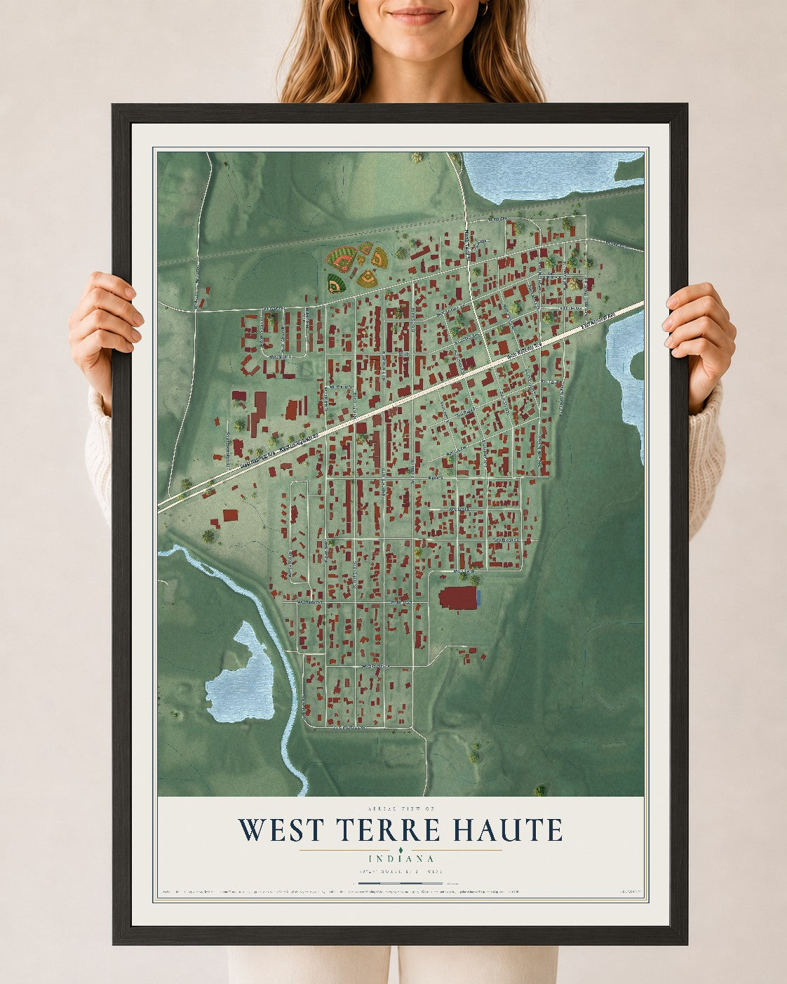 Map of West Terre Haute, Indiana, 24 x 36 inch print in a black wood frame