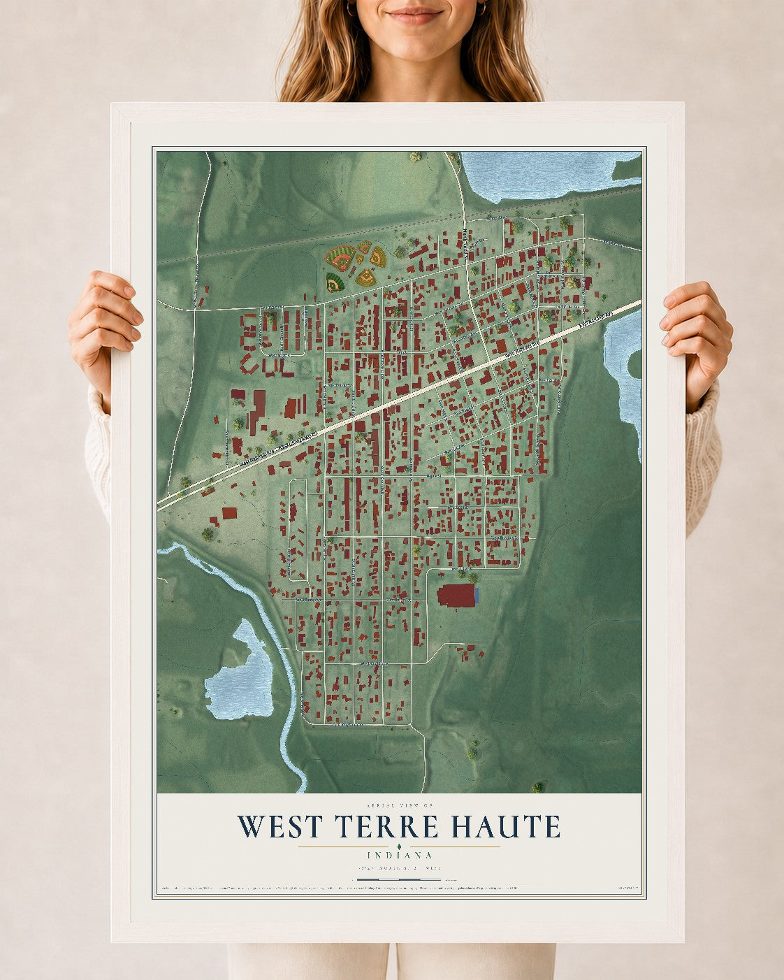 Map of West Terre Haute, Indiana, 24 x 36 inch print in a white wood frame