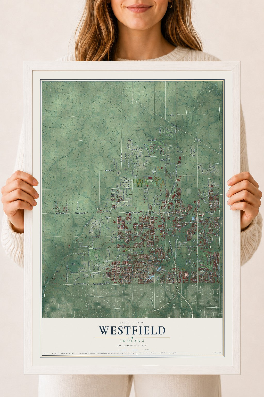 Map of Westfield, Indiana, 18 x 24 inch print in a white wood frame