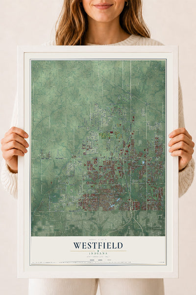 Map of Westfield, Indiana, 18 x 24 inch print in a white wood frame