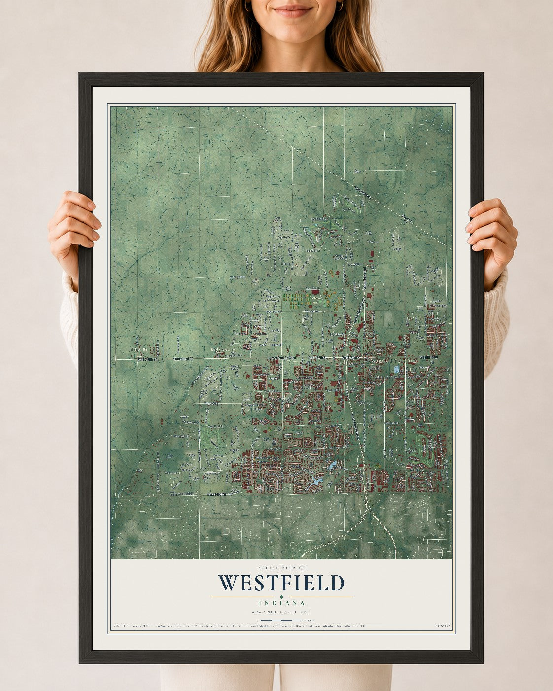 Map of Westfield, Indiana, 24 x 36 inch print in a black wood frame