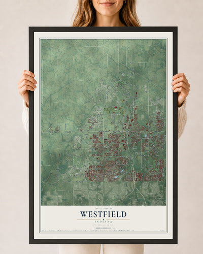 Map of Westfield, Indiana, 24 x 36 inch print in a black wood frame