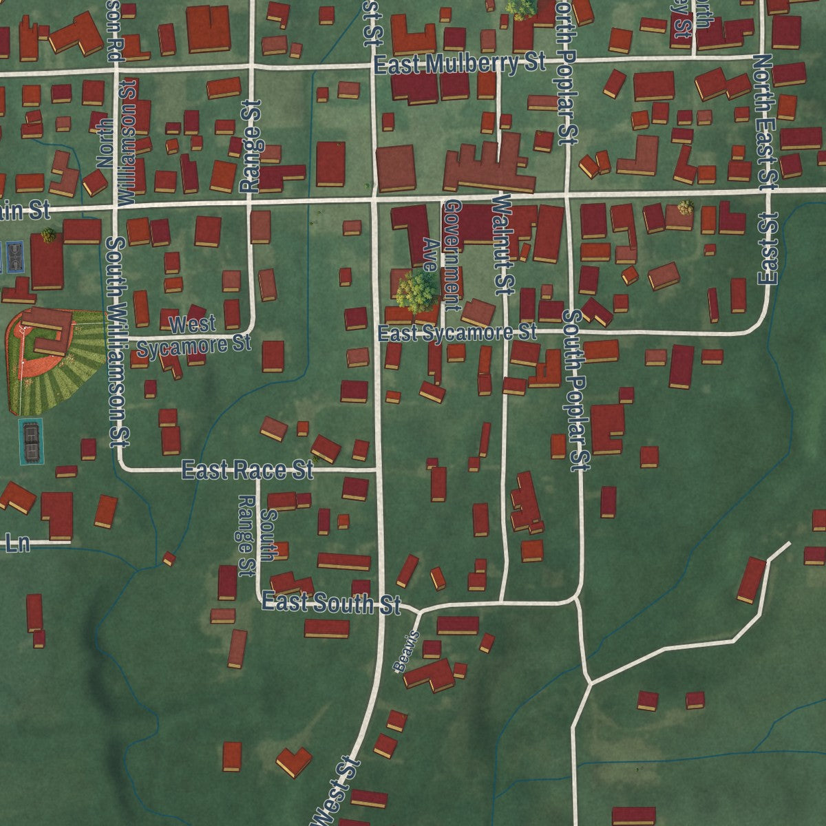 Close-up of the map of Westport, Indiana print showing street and building detail