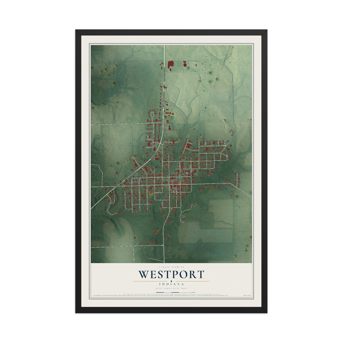 Map of Westport, Indiana, 12 x 18 inch print in a black wood frame