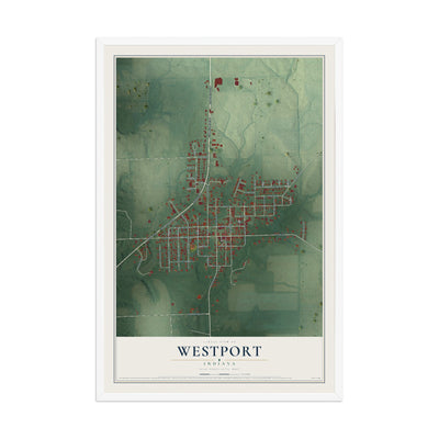 Map of Westport, Indiana, 12 x 18 inch print in a white wood frame