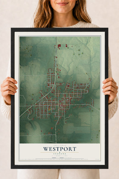 Map of Westport, Indiana, 18 x 24 inch print in a black wood frame