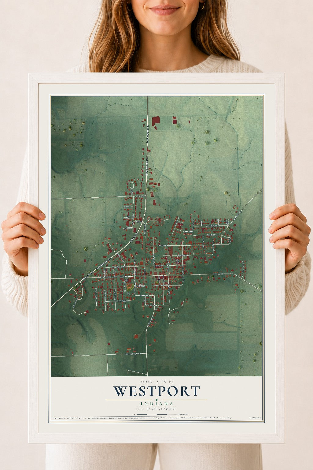 Map of Westport, Indiana, 18 x 24 inch print in a white wood frame