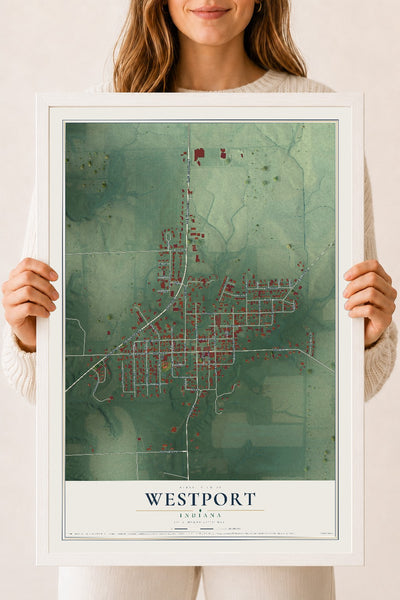 Map of Westport, Indiana, 18 x 24 inch print in a white wood frame
