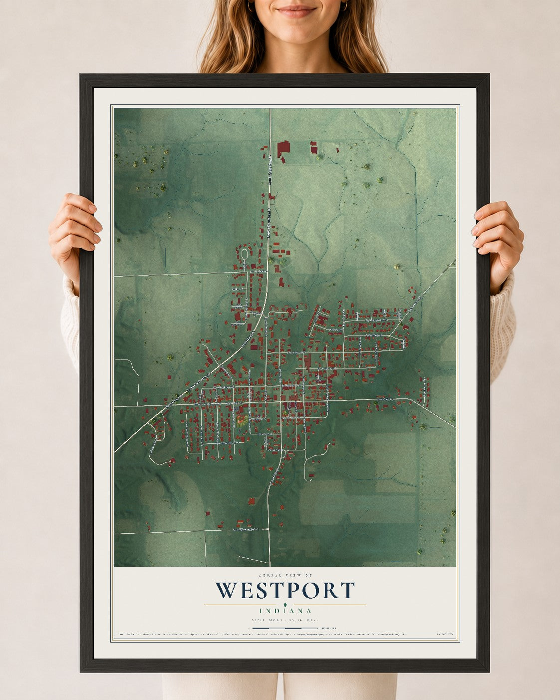 Map of Westport, Indiana, 24 x 36 inch print in a black wood frame