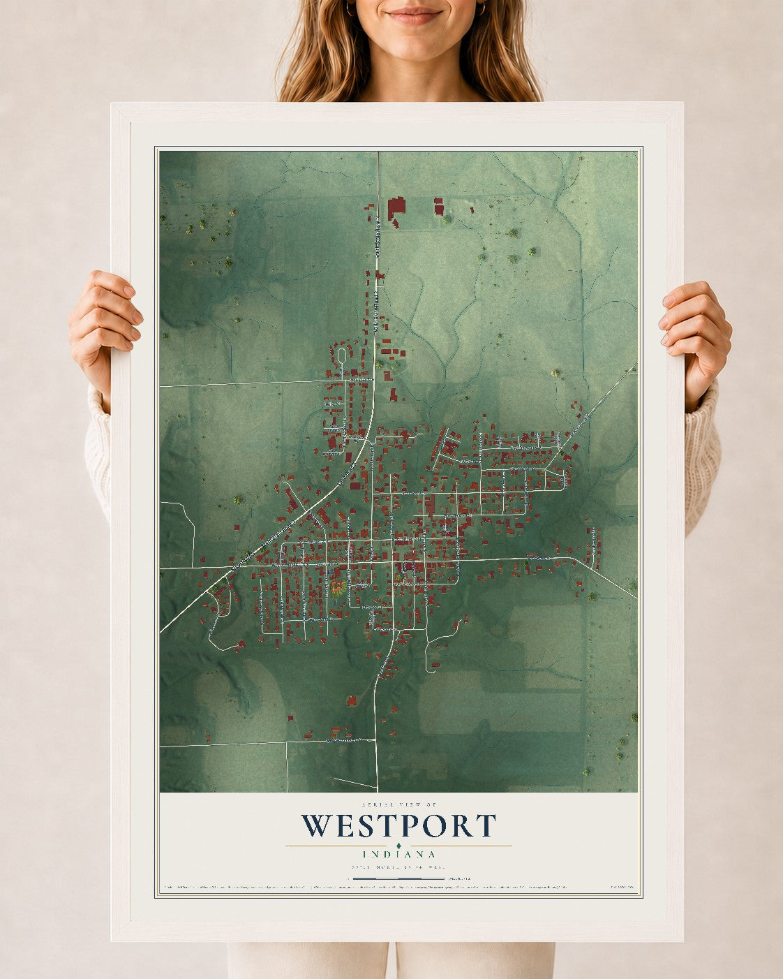 Map of Westport, Indiana, 24 x 36 inch print in a white wood frame