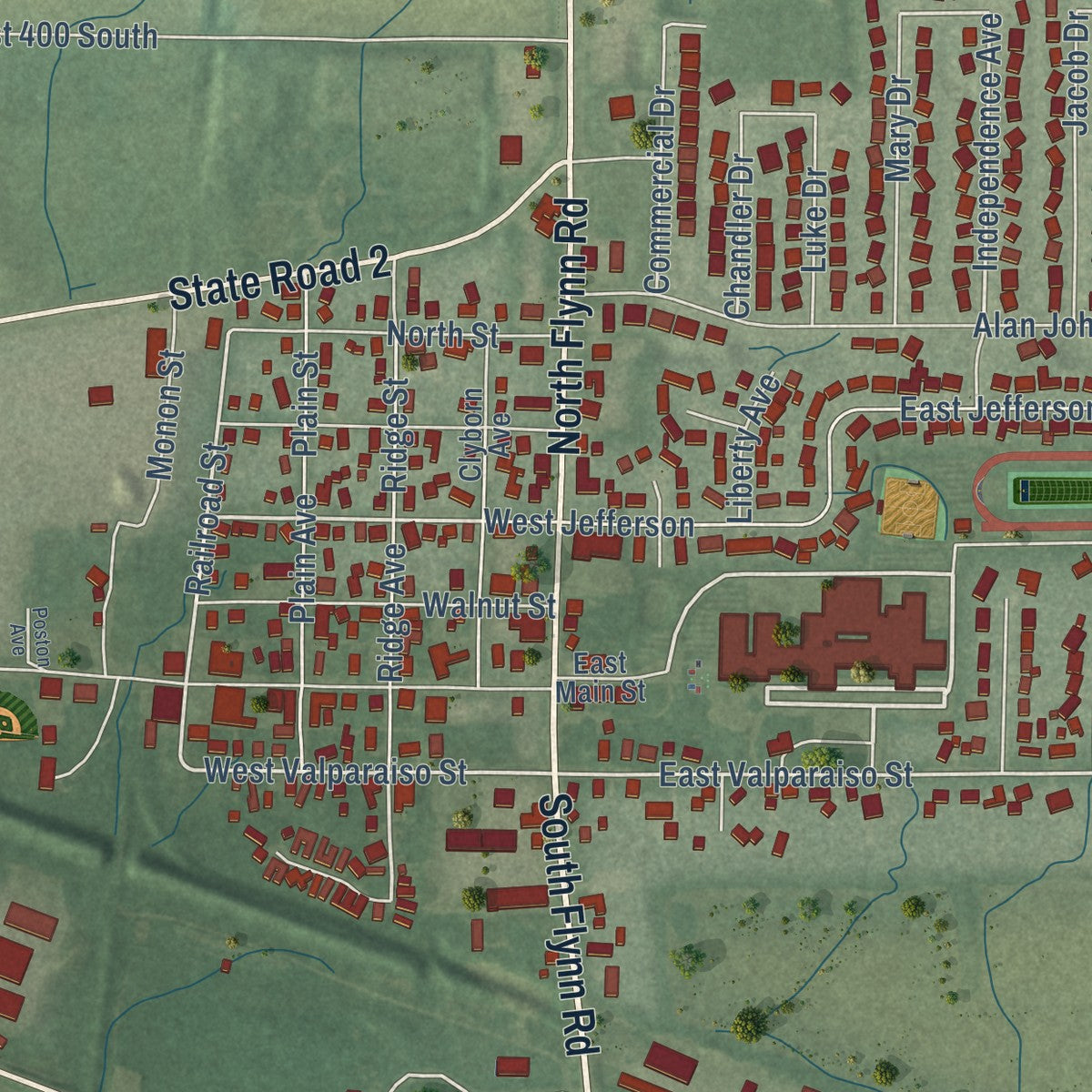 Close-up of the map of Westville, Indiana print showing street and building detail