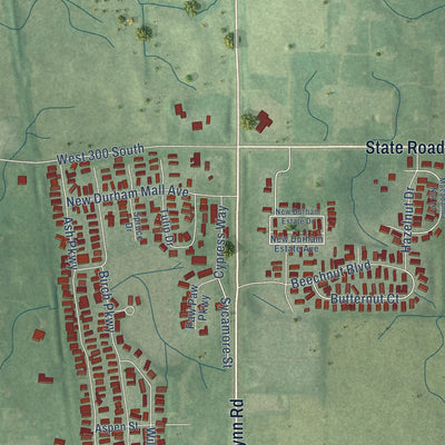 Second close-up of the map of Westville, Indiana print showing more streets and buildings