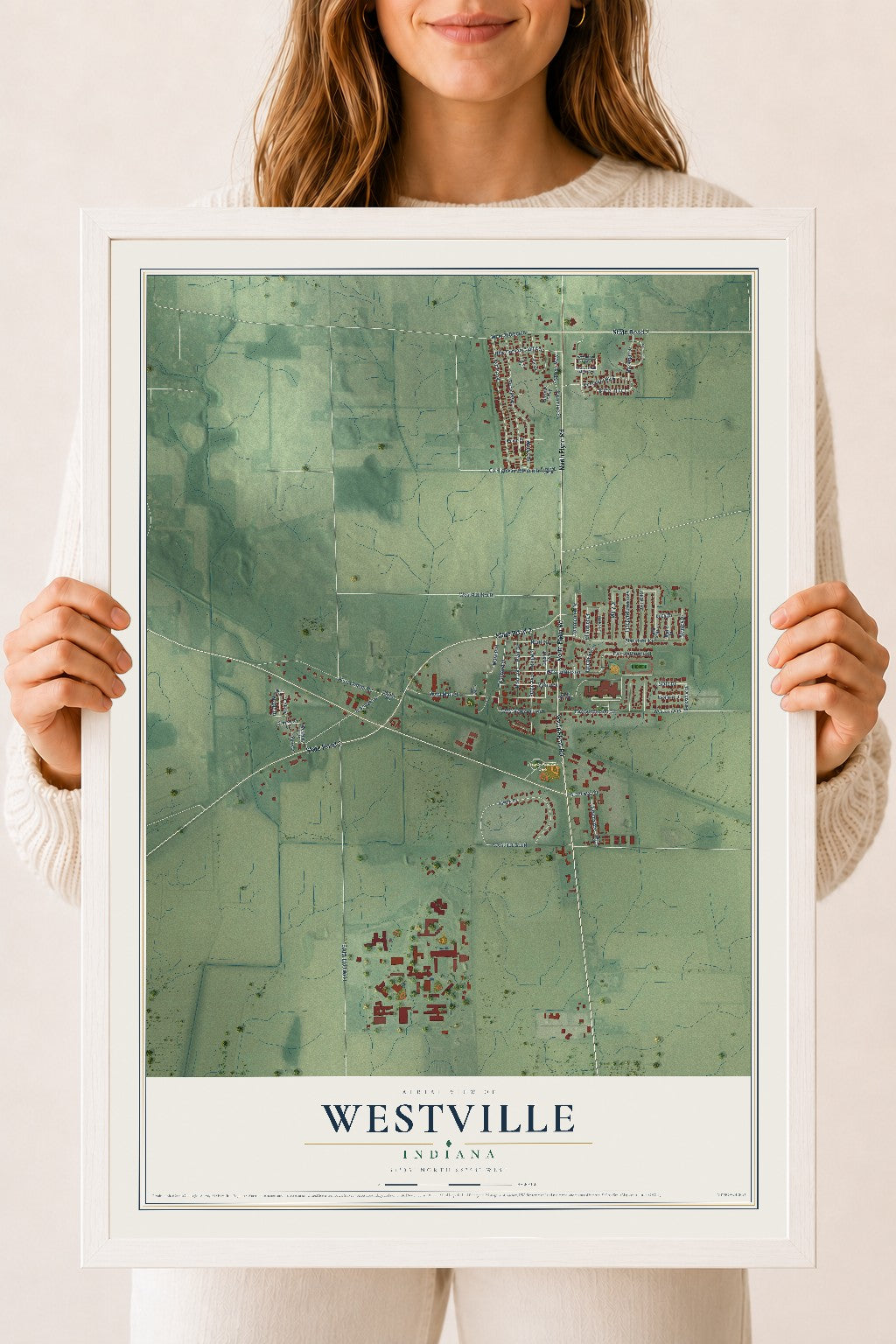 Map of Westville, Indiana, 18 x 24 inch print in a white wood frame