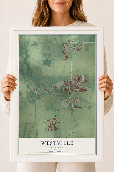Map of Westville, Indiana, 18 x 24 inch print in a white wood frame