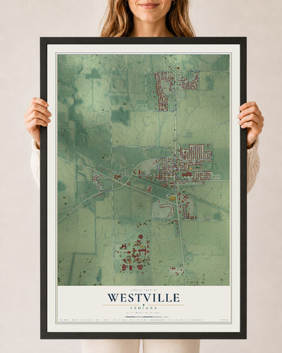 Map of Westville, Indiana, 24 x 36 inch print in a black wood frame