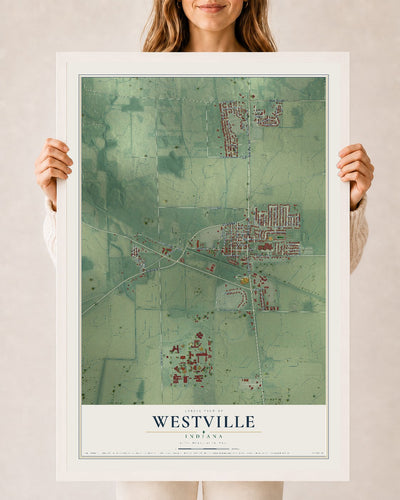Map of Westville, Indiana, 24 x 36 inch print in a white wood frame